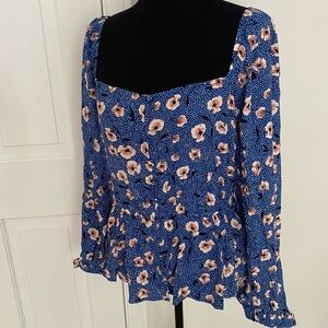 NWT- Love Stitch RetroFloral Blue Square Neck Peplum Blouse, Large